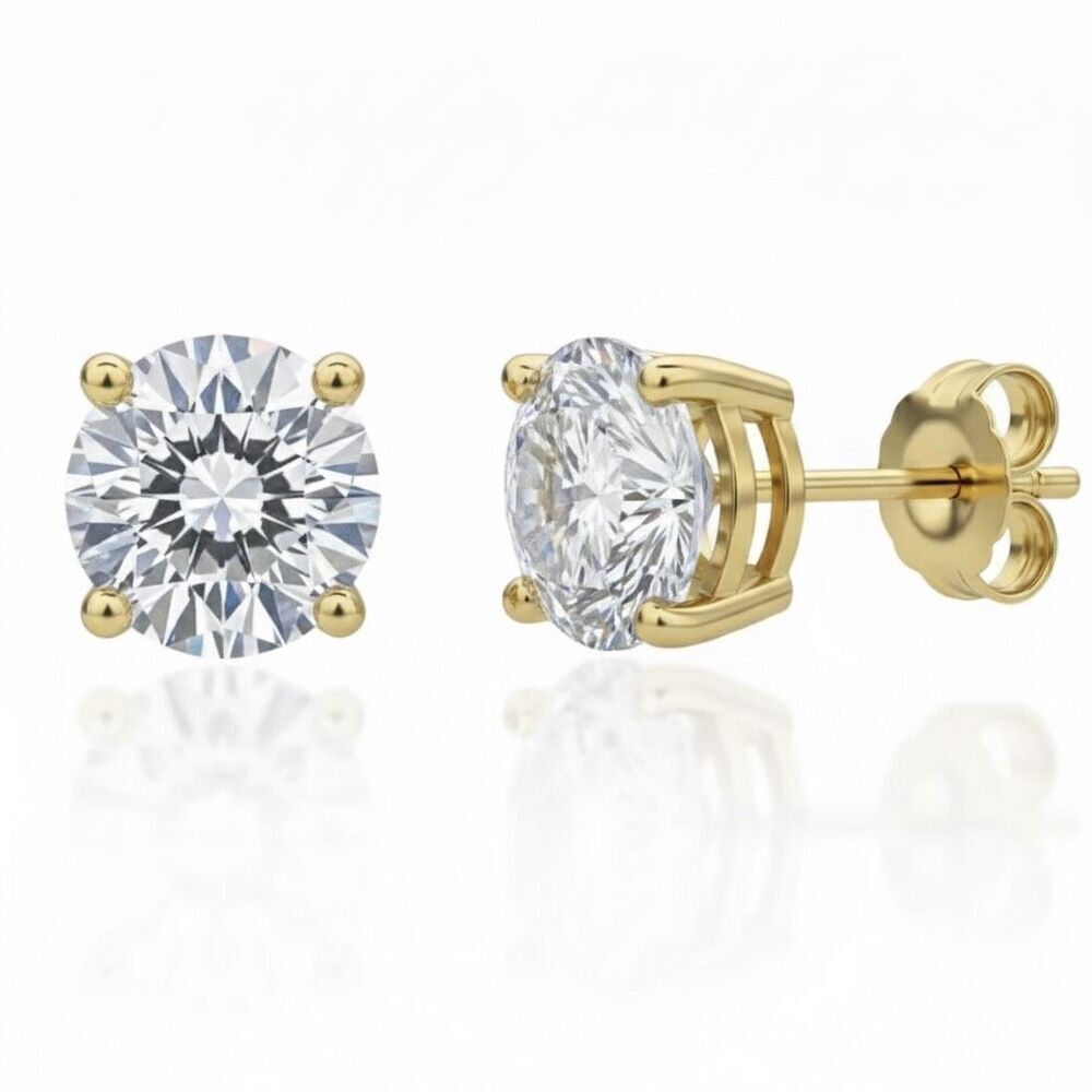Stunning 8mm Moissanite Round Push Back 18k Gold Solitaire Stud Earrings 4ctw